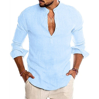 maoxiangshop Mens Button Down Shirt Linen Cotton Shirts Casual Long Sleeve Spread Collar Lightweight Beach Solid Color Tops