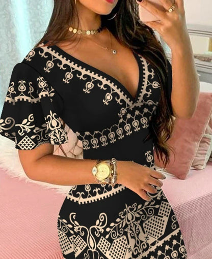 maoxiangshop Fashion 2024 Spring Summer Daily Women's Dress Elegant Casual Short Bell Sleeve Tribal Print Plunge Bodycon Mini Dress