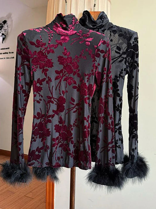 maoxiangshop  -  Long Sleeve T-Shirt Women High Neck Print Velvet Slim 2024 Winter New Basic Pullover Fashion T Shirts