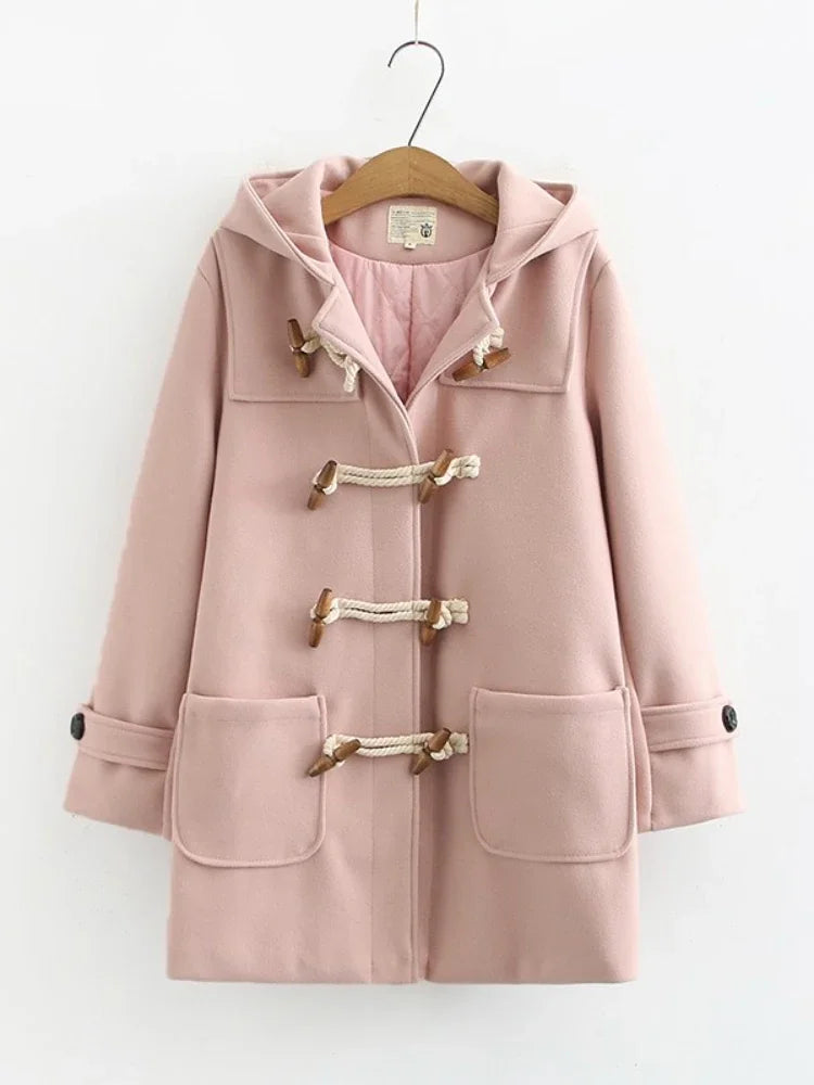 Winter Women Wool Blends Coat Straight Long Hooded Coats Jacket  Horn Button  Sleeve Preppy Style Female Warmness Outwears