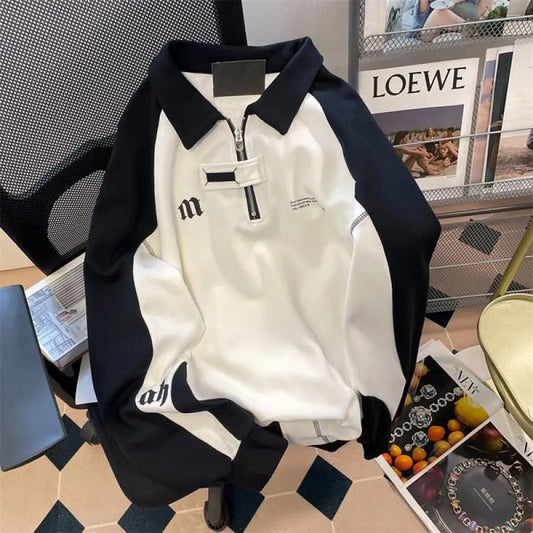 maoxiangshopAutumn Y2k Retro Half-zip Lapel Shirt Men Gothic Letter Sweatshirt Women Trend Contrast Color Preppy Long Sleeve Top