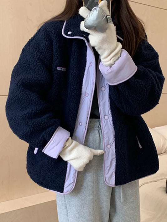 maoxiangshop  -  Patchwork Reversible Warm Jacket Women Single Breasted Long Sleeve Outerwear 2024 Autumn New  Korean Fashion Casual Chic Coats