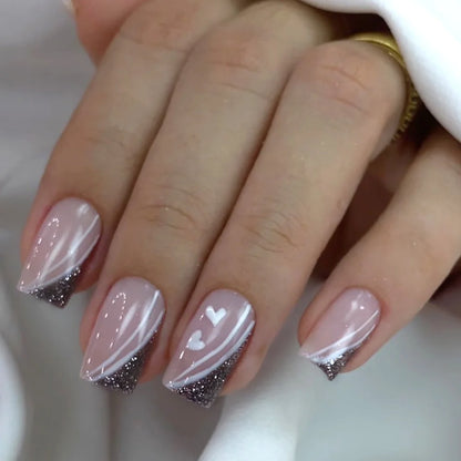 maoxiangshop 24pcs/set ballet short fake nails for Valentine's Day cute heart with glitters french white square tips press on false nail art