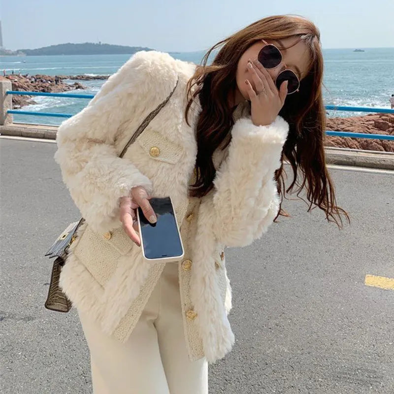 maoxiangshop Autumn Winter Women's Lamb Wool Jacket Korean Style Streetwear O-Neck Faux Fur Coat Woman Warm Thick Furry Fluffy Coat