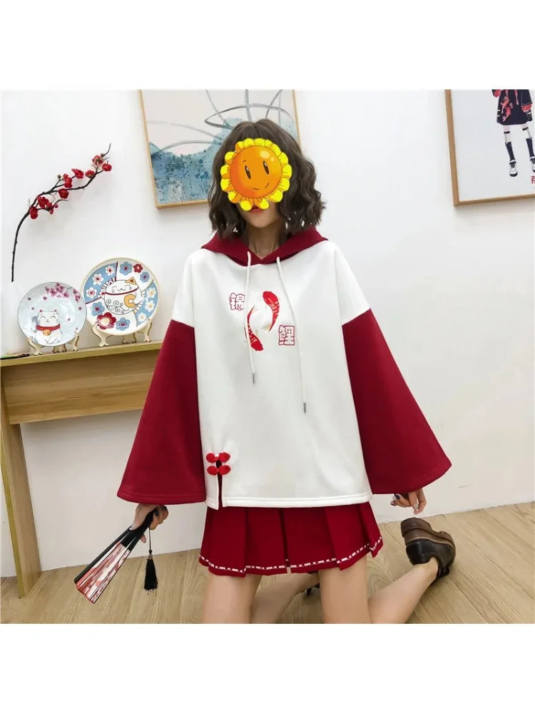 maoxiangshop Fleece Women's Hooded Sweatshirt Cartoon Embroidery Hoodies Flare Sleeve Pullover Tracksuits Winter Clothes For Sweet Girl