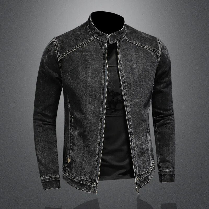 maoxiangshop High Quality Men's Denim Jackets Black Stand Collar Motorcycle Outerwear Cotton Vintage Bomber Jacket Mens Moto Biker Denim Coat