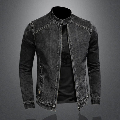 maoxiangshop High Quality Men's Denim Jackets Black Stand Collar Motorcycle Outerwear Cotton Vintage Bomber Jacket Mens Moto Biker Denim Coat