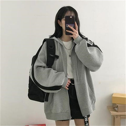 maoxiangshop Harajuku Zip Up Hoodie Women Retro Long Sleeve Oversized Solid Color  Hoodies Autumn Korean Style Pocket Drawstring Sweatshirt