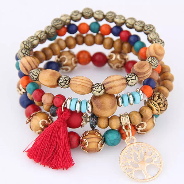 maoxiangshop Valentines Day Bohemian Multicolor Pink Crystal Beads Bracelets Women Girls Elastic Tassel Wing Letters Rope Bracelet Pulseira Feminina