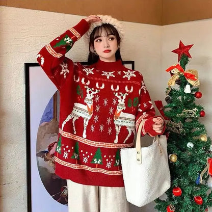 maoxiangshop  -  Women Christmas Autumn Winter Trend Fashion Loose Mock Neck Long Sleeve Knitwear Ladies Casual All-match Sweet Knitting Tops