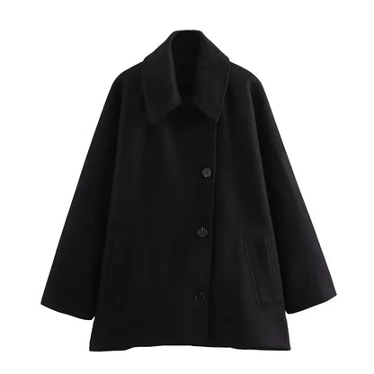 maoxiangshop  -  Vintage Diagonal Breasted Warm Loose Jacket Women Lapel Double Pocket Long Sleeve Solid Tops Outerwear Autumn Winter Female Coat