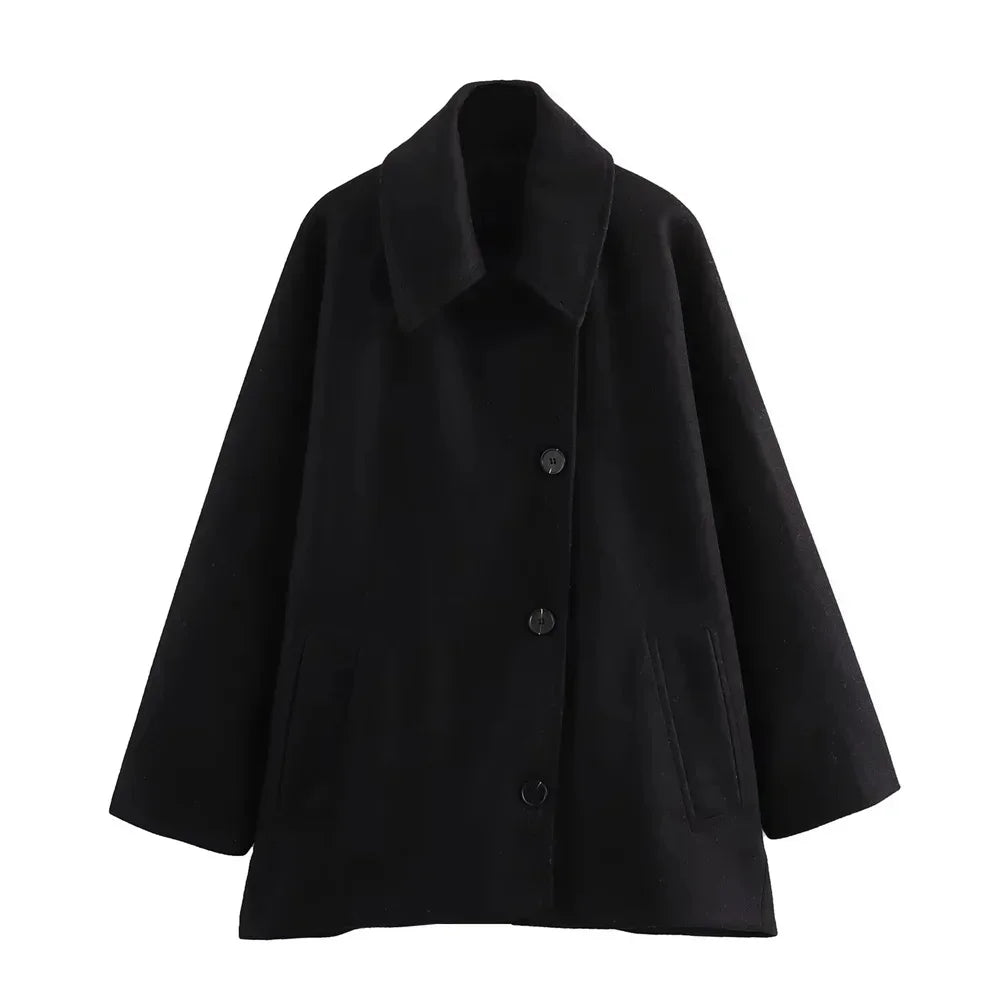 maoxiangshop  -  Vintage Diagonal Breasted Warm Loose Jacket Women Lapel Double Pocket Long Sleeve Solid Tops Outerwear Autumn Winter Female Coat