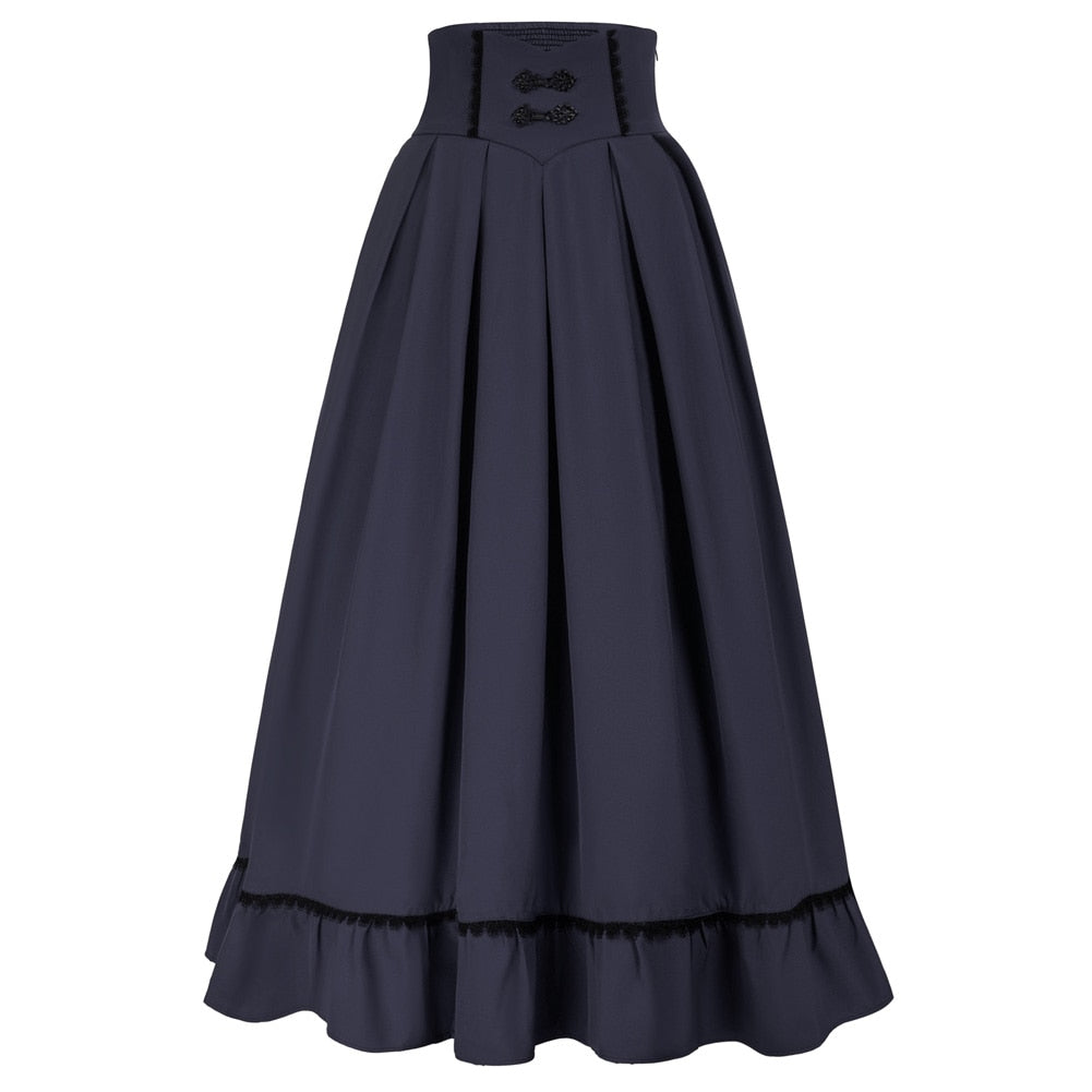 maoxiangshop Women Renaissance Swing Skirt High Waist Ruffled Hem Maxi Skirt Vintage Long Length Skirts With Pockets Office Workwear A20