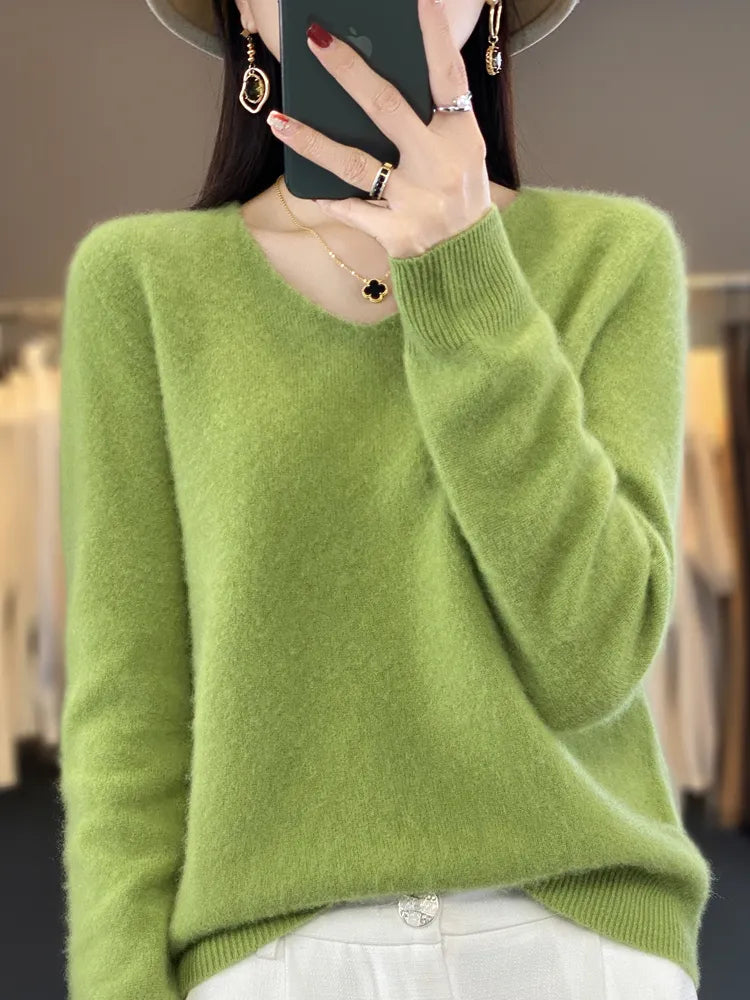 maoxiangshop Pure Wool V-Neck Sweater Women's Short Autumn And Winter All Loose And Thin Pullover Sweater Base Shirt Solid Color Authentic