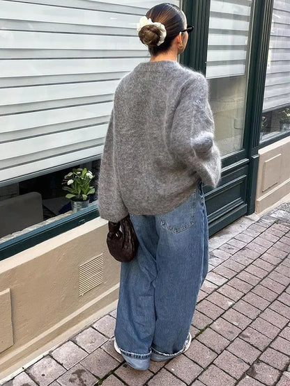 maoxiangshop -  Women Solid O-neck Mohair Knitted Sweater Autumn Fashion Long Sleeve Pullover Jumper Vintage Loose Basic Female Knitwear