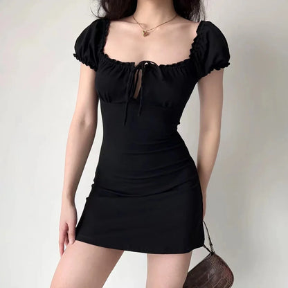 maoxiangshop Summer Sexy Mini Dress Women Short Sleeved Lace up Hollow Casual Backless Folds Bodycon Black Dress Party Elegant A-LINE Dresses