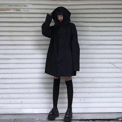 Harajuku Black Jacket Women Dark Academic Long Sleeve Loose Hooded Midi Outwear Bf Streetwear Oversized Casual Capes Coats