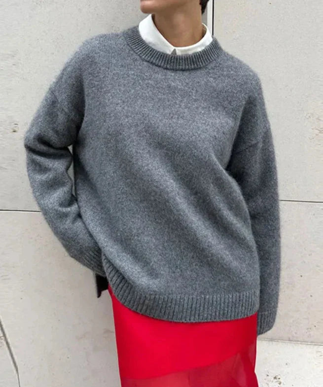 maoxiangshop  -  Women Gray Knitted Sweater Fashion O-neck Long Sleeve Basic Casual Pullover Top 2024 Autumn New Female Commuting Knitwear