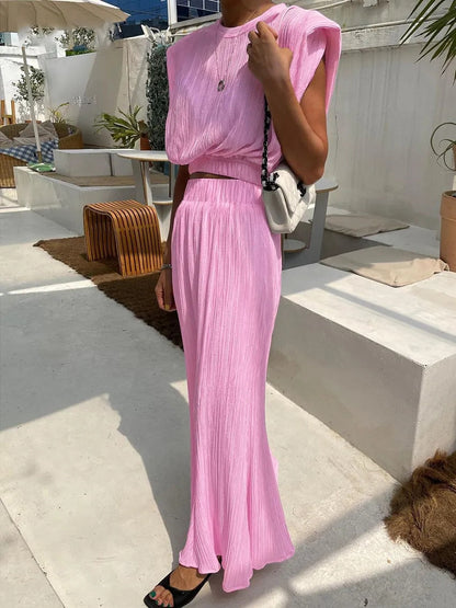 maoxiangshop Elegant Green Skirt Sets 2 Pieces Womens Outfits Spring O-Neck Sleeveless Crop Tops Black Elastic Waist Long Skirts Suit Pajamas