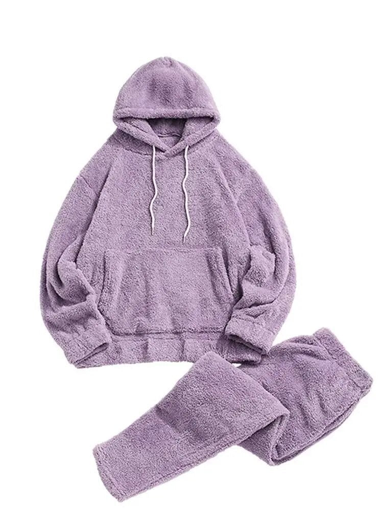 maoxiangshop Men's Hoodie Outfit Solid Fluffy Fleece Sweatshirts with Trouser Two Piece Set Fall Winter Streetwear Hooded Hoodie Suits