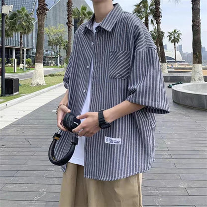 maoxiangshop New Men's Short Sleeve Casual Shirt British Style Casual Striped Plaid Appliques Shirts Comfortable Button Male Business Shirts