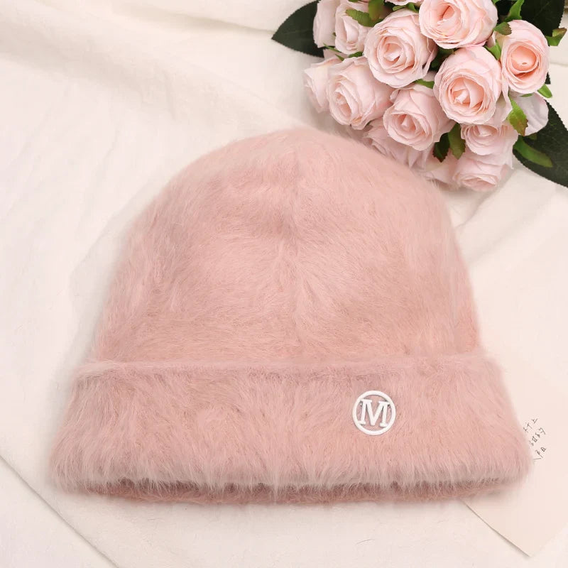 maoxiangshop New Fashion Rabbit Fur Y2k Beanies for Women Soft Warm Fluffy Angola Winter Hat Female Windproof Bonnet Hat Skullies Cap