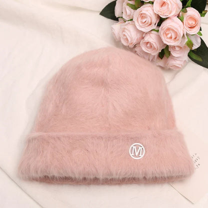 maoxiangshop New Fashion Rabbit Fur Y2k Beanies for Women Soft Warm Fluffy Angola Winter Hat Female Windproof Bonnet Hat Skullies Cap