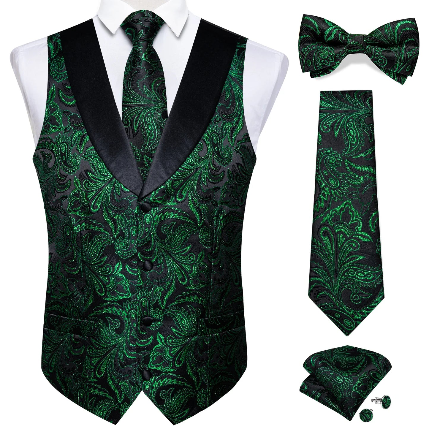 maoxiangshop Brand Suit Vest Set For Men Luxury Silk Black Gold Paisley Dress Vest Tie Cufflinks Handkerchief Set Male Sleeveless Waistcoat