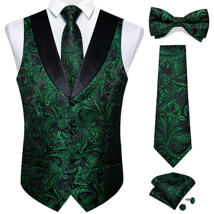 maoxiangshop Brand Suit Vest Set For Men Luxury Silk Black Gold Paisley Dress Vest Tie Cufflinks Handkerchief Set Male Sleeveless Waistcoat