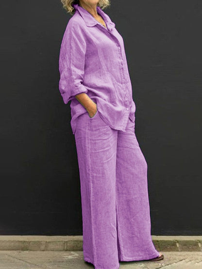 maoxiangshopWomen Cotton Linen Suits  Elegant Solid Long Sleeve Shirt Wide Leg Trousers Two Piece Set Female Casual Straight Pants Suits