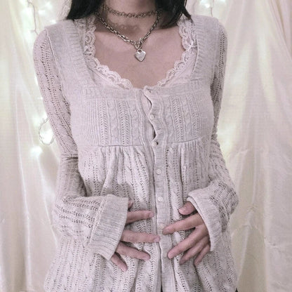 Y2K 00s Vintage Sweater Single Breasted Long Sleeve Cardigan 00s Aesthetic Kawaii Knitwear T-shirt Women Clothes