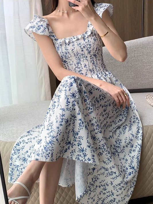 maoxiangshop Vintage Sexy Slash Neck Flying Sleeve Printing Floral Bodycon Dresses for Women Beach Sleeveless Dress Korea Fashion Summer 2024