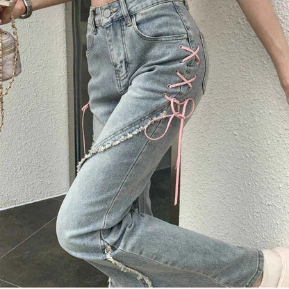 maoxiangshop American Split Jeans Women Pink Bandage High Waist Irregular Spliced Denim Pants Zipper Fly Trousers Y2k Pantalon Femme