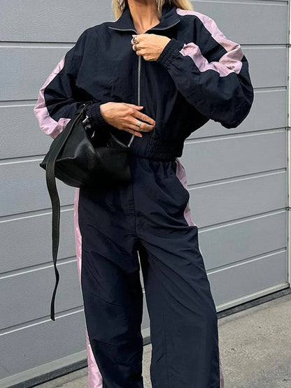 maoxiangshop  -  Color Contrast Sport Pants Sets Autumn New Long Sleeve Zipper Cropped Jacket+Elastic Waist Trouser Streetwear Casual 2 Piece Set