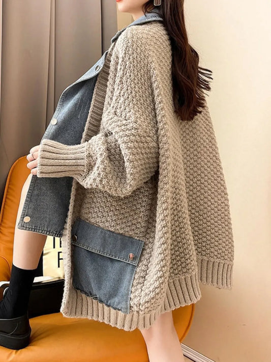 2023 Spring Autumn Denim Patchwork Loose Lazy Style Thickened Clothes Knitted Sweater Coat Cardigan Top Women