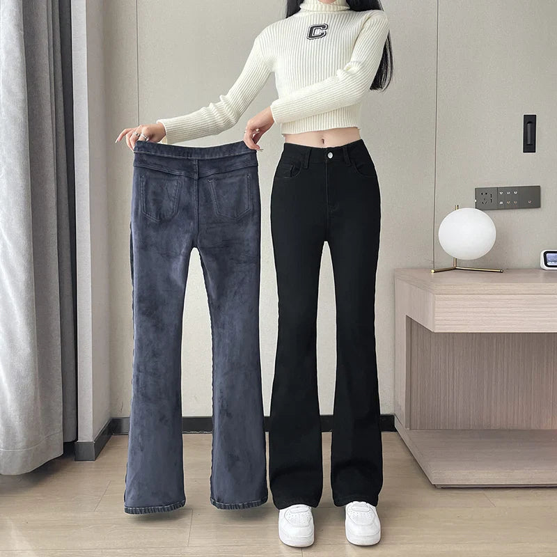 maoxiangshop Fashion New Women Warm Plush Flared Jeans Thermal Fleece Loose Denim Pants Female High Waist Urban Straight Flare Trouser