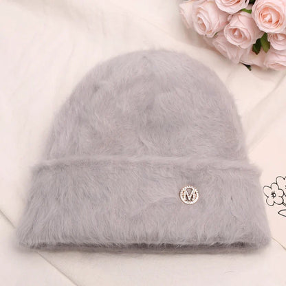 maoxiangshop New Fashion Rabbit Fur Y2k Beanies for Women Soft Warm Fluffy Angola Winter Hat Female Windproof Bonnet Hat Skullies Cap