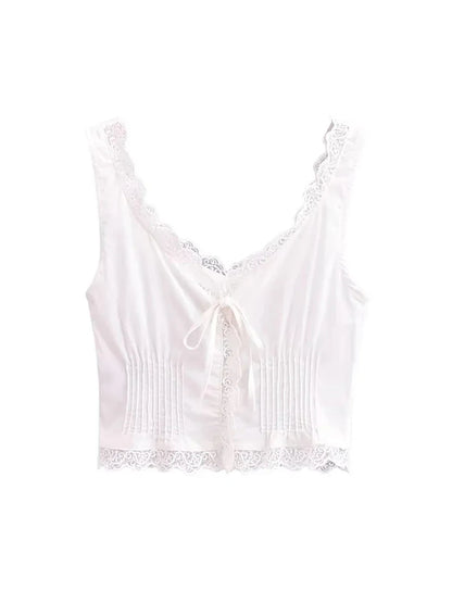 maoxiangshop  -  2024 Girls Cute Bow Lace Up Elastic Slim White Vest Ladies Summer Y2k Style Lace Patchwork Ruffles Short Tops