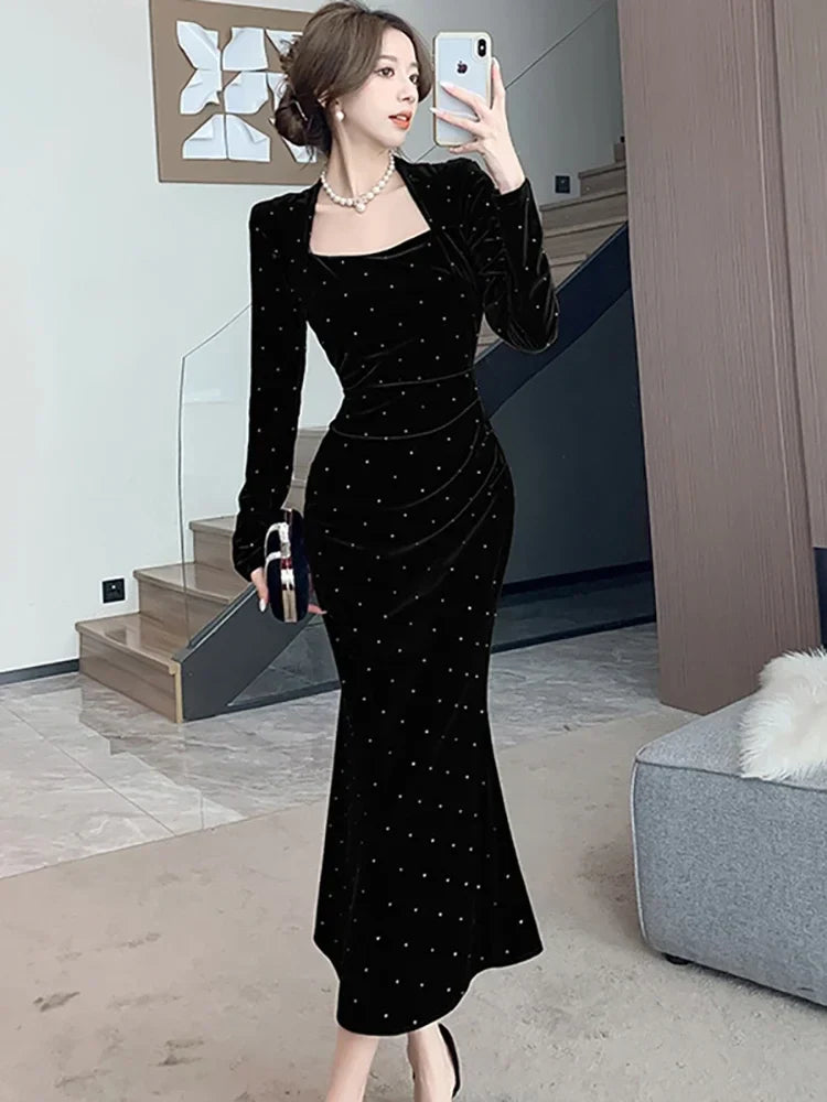 maoxiangshop Autumn Winter Red Velvet Diamonds Square Collar Long Dress Women Elegant Luxury Festival Dress Gown 2024 Korean Vintage Vestidos