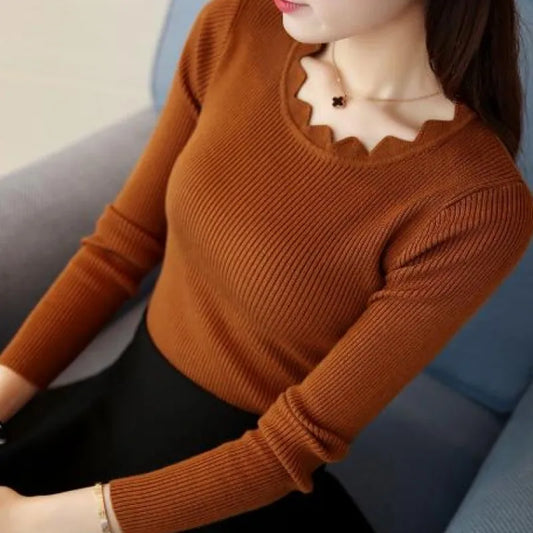 maoxiangshop Casual Solid Sweater Women Knitted Slim White Pullover Long Sleeve Tops Autumn Winter Butterfly Neck Jumper Female