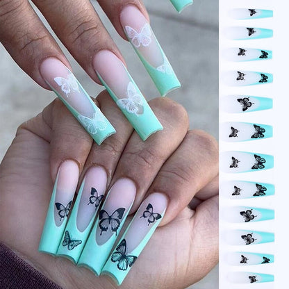 24Pcs Long Ballerina Press on Nail Detachable French False Nails Five-pointed Star Design Coffin Fake Nial Tips with Rhinestone