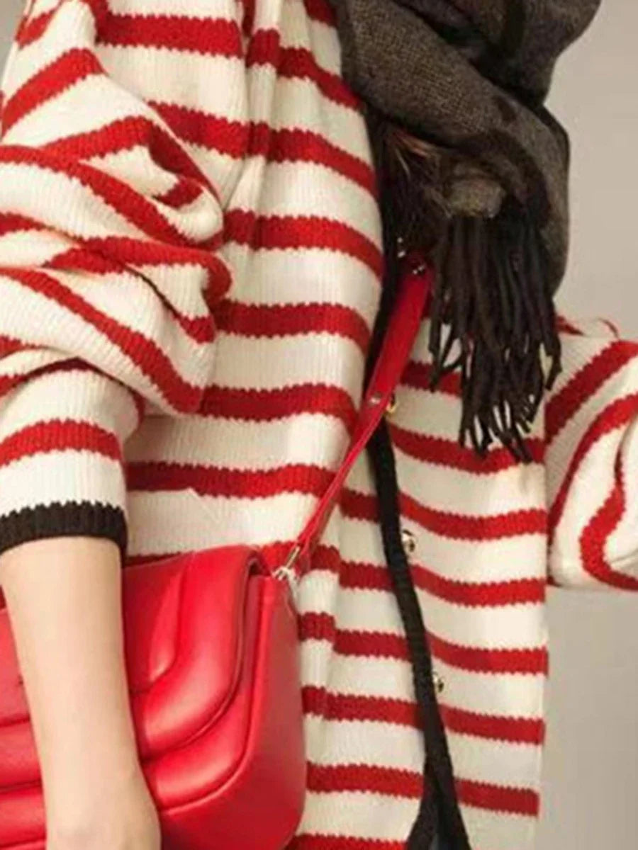 maoxiangshop  -  Striped Contrast Cardigan Women Autumn New Single Breasted O Neck Sweaters Casual Fashion Long Sleeve Knitted Outerwear 2024