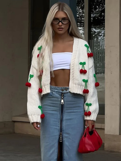 maoxiangshop  -  Sweet 3d Cherry Embroidery Cropped Knitted Cardigan 2024 Autumn Women Elegant Long Sleeve Short Sweater Female Chic Streetwear