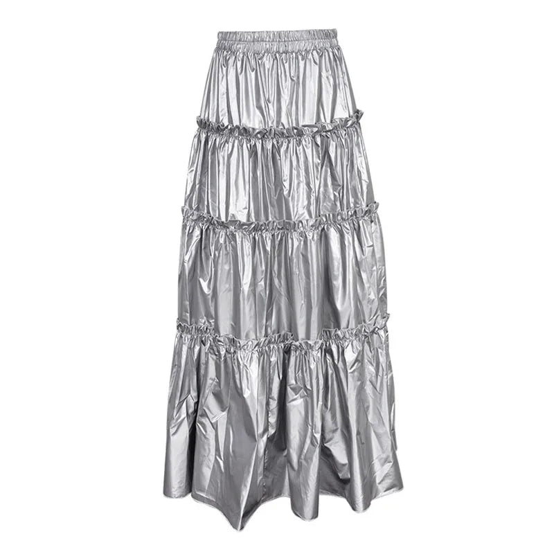 maoxiangshop -  Autumn New Women's Niche Design Silver Metallic High Waist Mid-Length Cake Skirt Vestidos