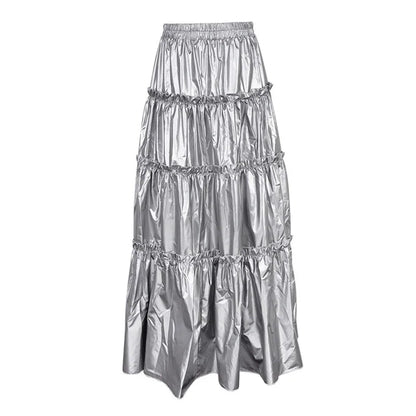 maoxiangshop -  Autumn New Women's Niche Design Silver Metallic High Waist Mid-Length Cake Skirt Vestidos