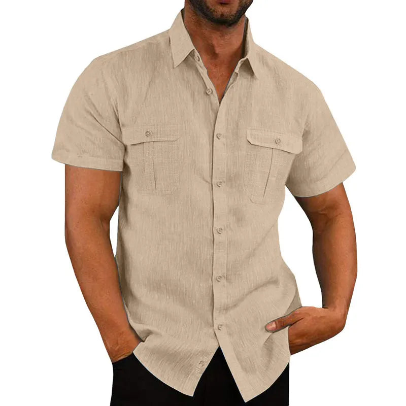 maoxiangshop Summer Cotton Linen Casual Shirts Men Short Sleeve Solid Color Turn Down Collar Shirt Mens Breathable Beach Style Blouse 5XL