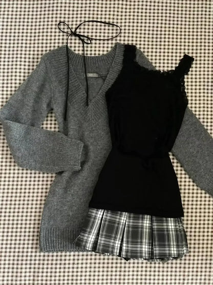 maoxiangshop  -  Women Clothing Autumn New Retro V-neck Sweater Knitted Pullover Top Strap Tank Top High Waist Slim Short Skirt Three Piece Set