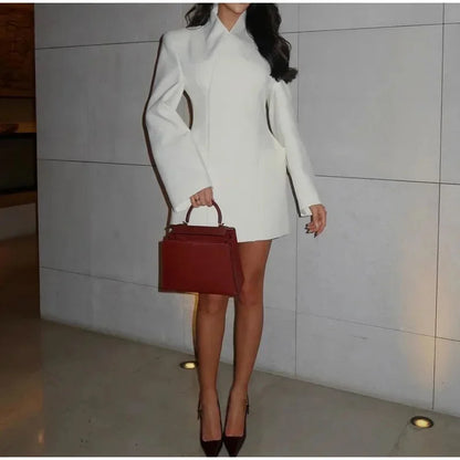 maoxiangshop  -  White Stand Collar Double Pocket Jacket Women Fashion Long Sleeve Cuff Button Blazer Coat 2024 Autumn Elegant Office LadyOutwear