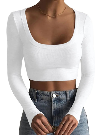 2023 O Neck Ribbed Knitted Long Sleeve Shirts Women Sexy Cropped Tops y2k Casual Skinny Slim Basic T-shirts Tee Tops Black White