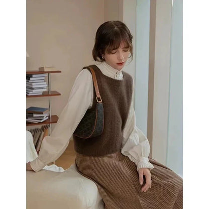 Vintage Knitted Vests Women Sleeveless Sweater Harajuku Square Neck Waistcoat Streetwear Korean Knitwear Tank Pullover New